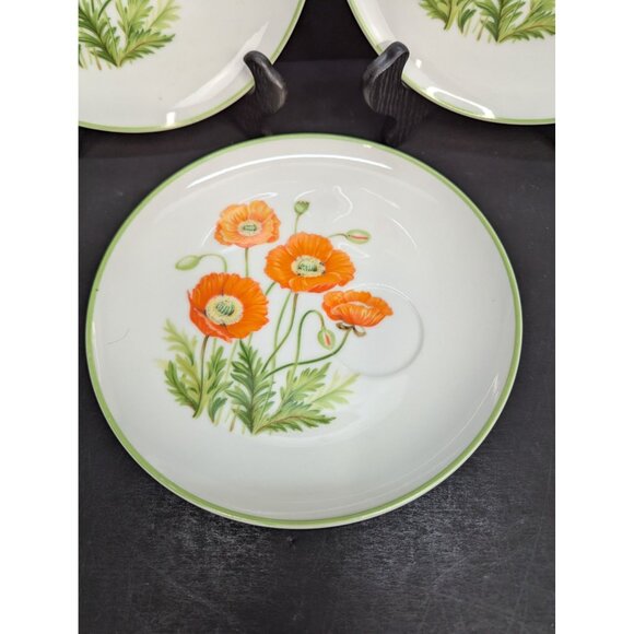 Norleans Japan 8 1/4 " Snack Plate Orange Poppy Flower Design Set of 3 No Cups - Picture 5 of 8